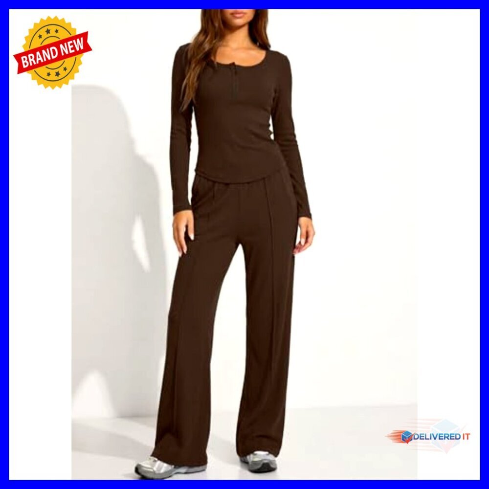 Small Cotton Blend Lounge Set Long Sleeve Henley Wide Leg Pants - Picture 3 of 7